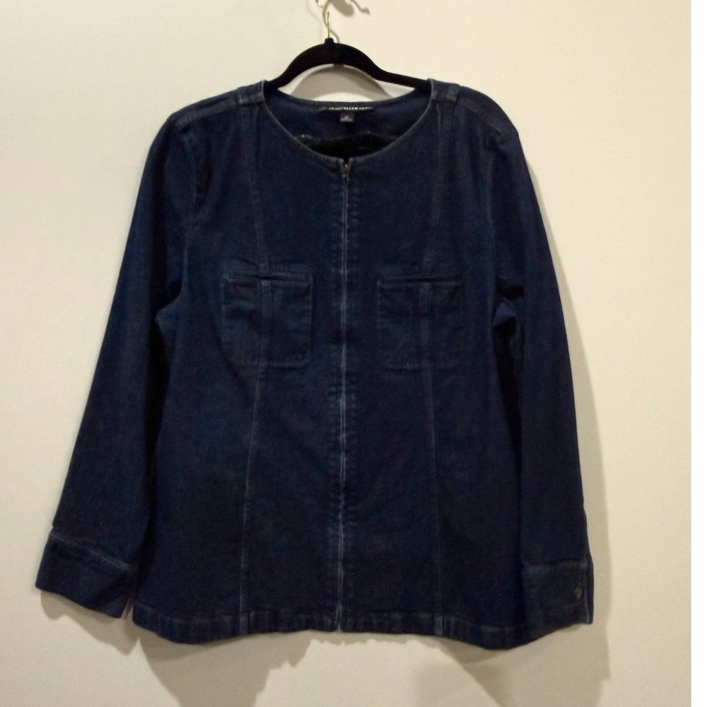 Company Ellen Tracy Denim Jacket Women 14 Blue Good Zip Front Collarless Stretch